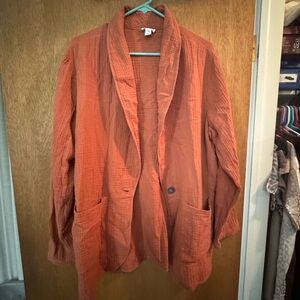 Textured Open-Front Shawl Collar Blazer in Rust Orange